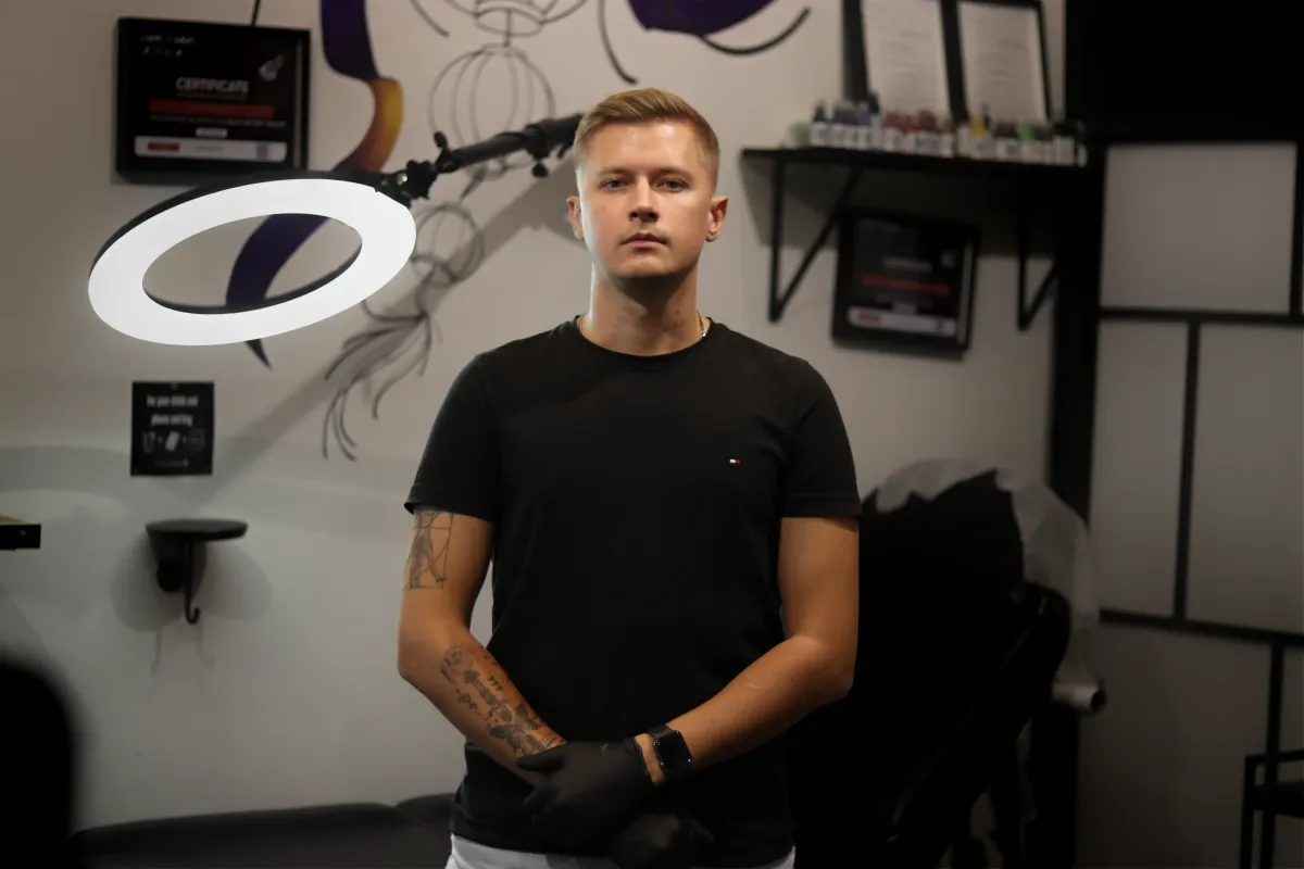 Andrey Kovalov, tattoo artist, in his studio in Prague