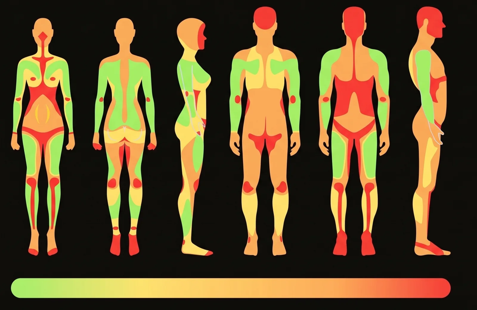 Tattoo pain map: female and male figures from the front, back and side, with areas shaded from green to red by how much they hurt
