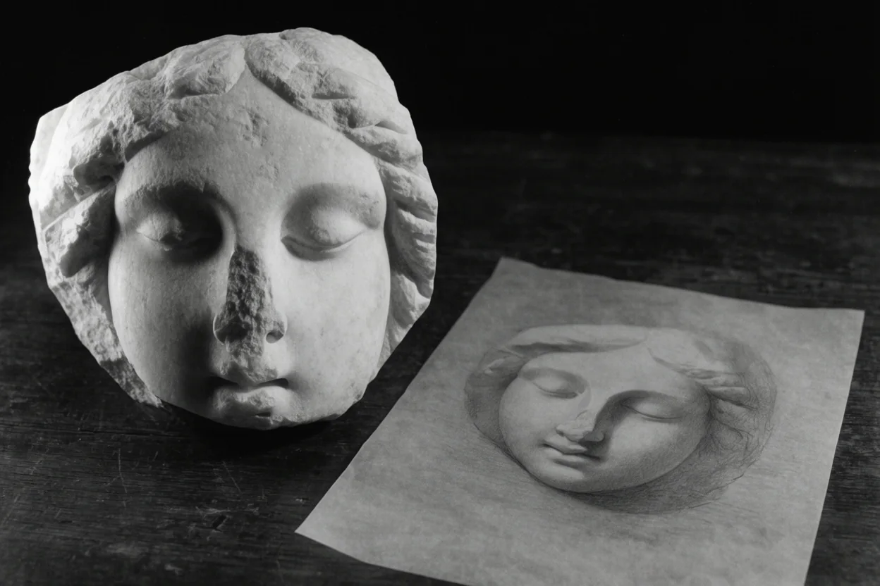 A marble fragment of a statue’s face beside a pencil study of the same face on tracing paper, black and white illustration