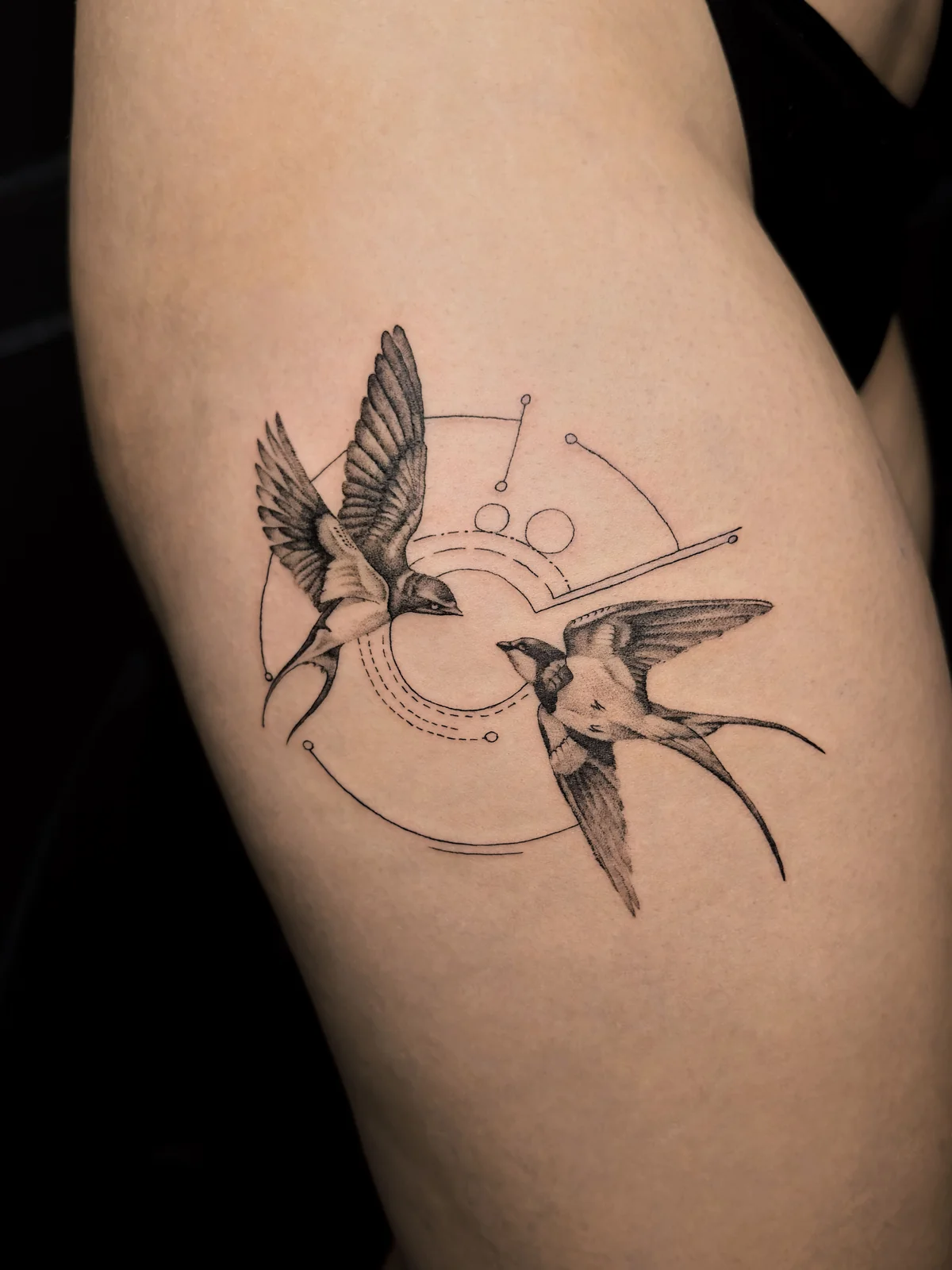 Ballerina with katana microrealism tattoo in Prague by Andrey Kovalov