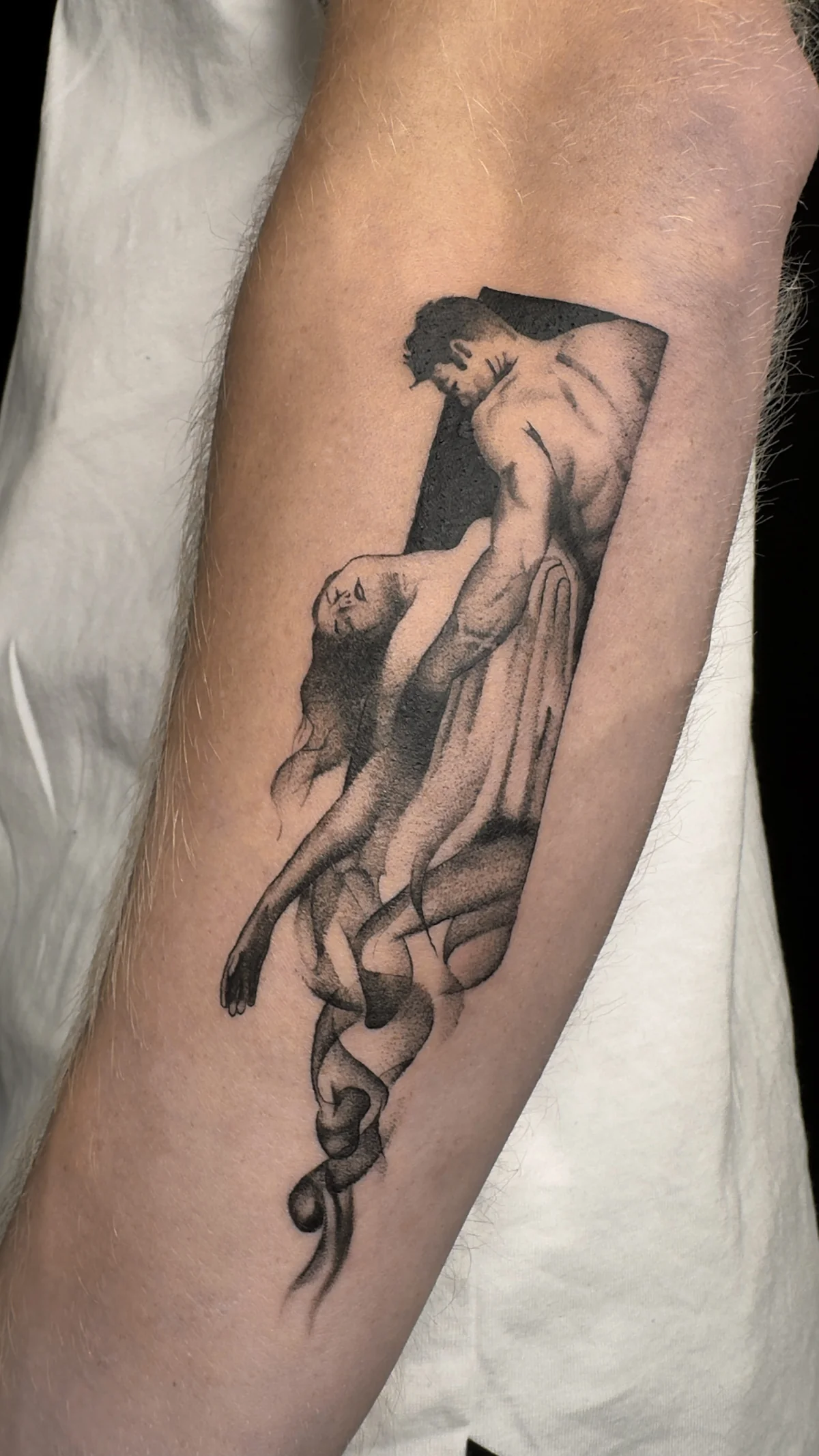 Marionette and hand graphic tattoo in Prague by Andrey Kovalov