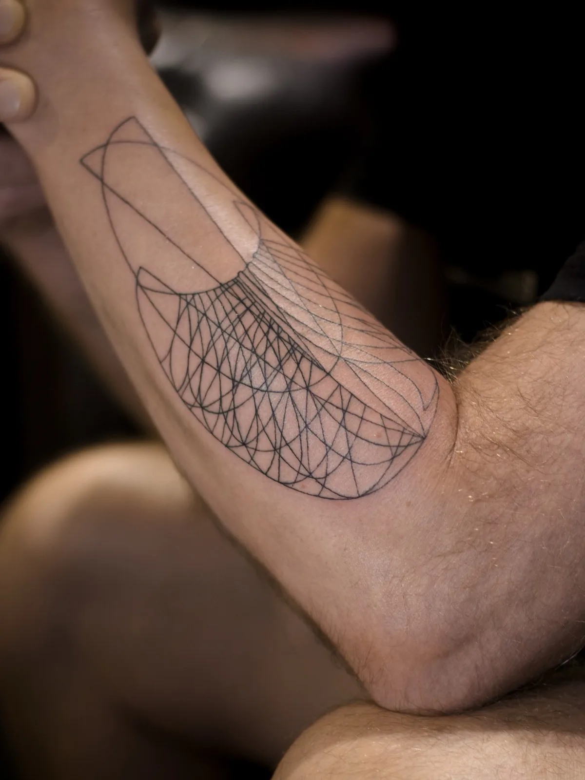 Fine line tattoo on a forearm, an example of large custom work